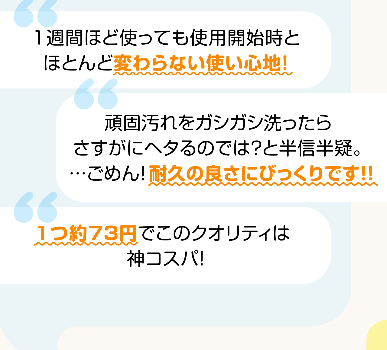 1週間ほど使っても使用開始時とほとんど変わらない使い心地！ 頑固汚れをガシガシ洗ったらさすがにヘタるのでは？と半信半疑。・・・ごめん！耐久の良さにびっくりです！！ 1つ約73円でこのクオリティは神コスパ！